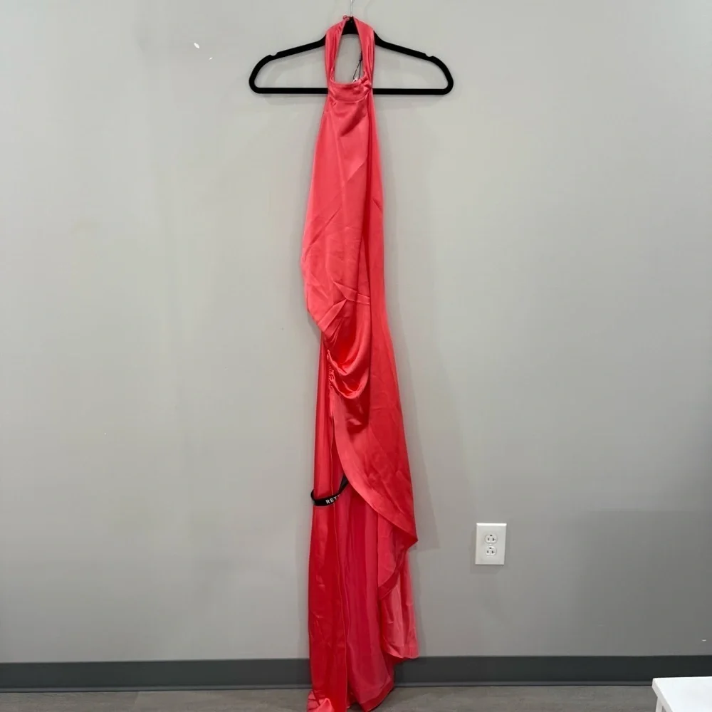 NWT Retrofete Dress Sabrina Cowl Halter Neck Open Back Maxi Gown in Satin Coral